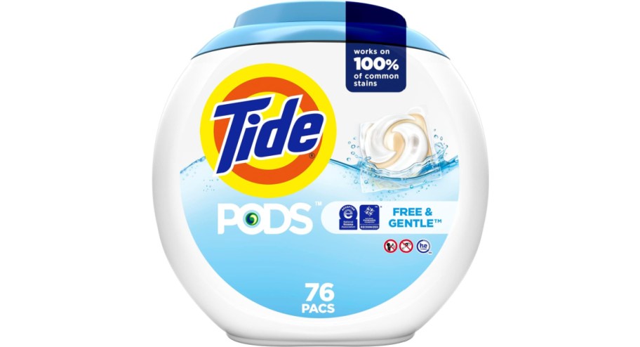 stock image of Tide pod free & gentle 76 count buckets