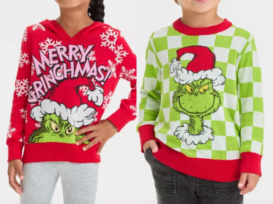 girls and boys in grinch sweaters 