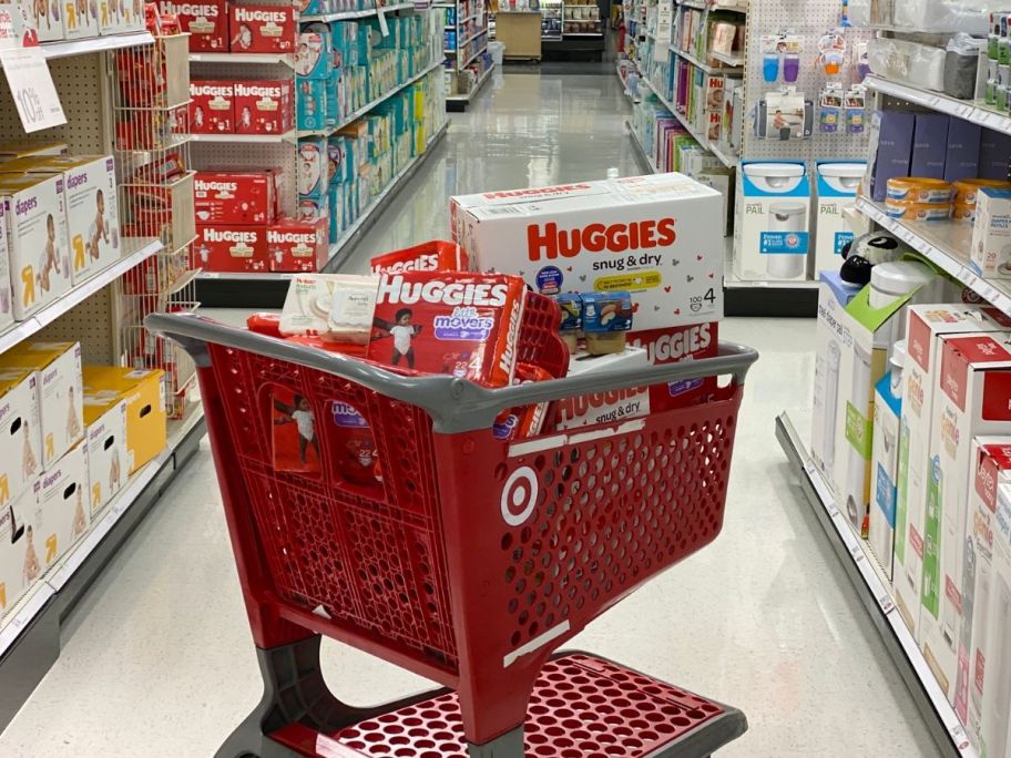 target cart with boxes of diapers inside