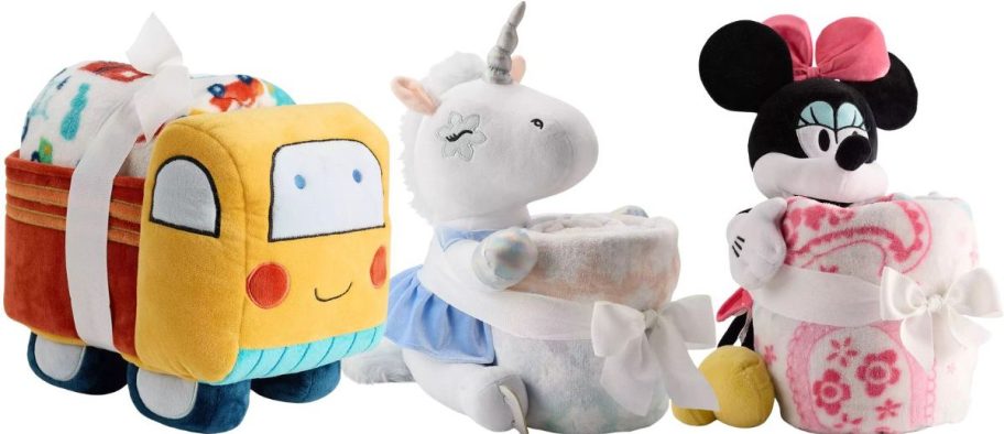 truck, unicorn and minnie mouse pillow buddy and throw sets stock images