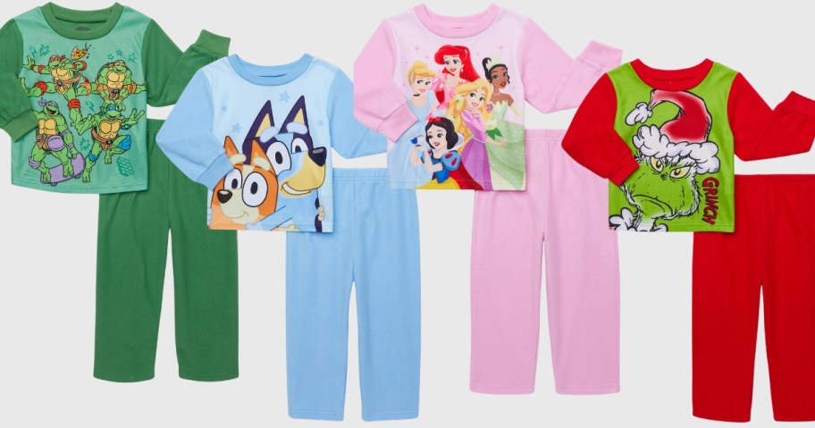 kids long sleeve pajama sets with pants with different characters on them like Teenage Mutant Ninja Turtles, Bluey, Disney Princesses, and The Grinch