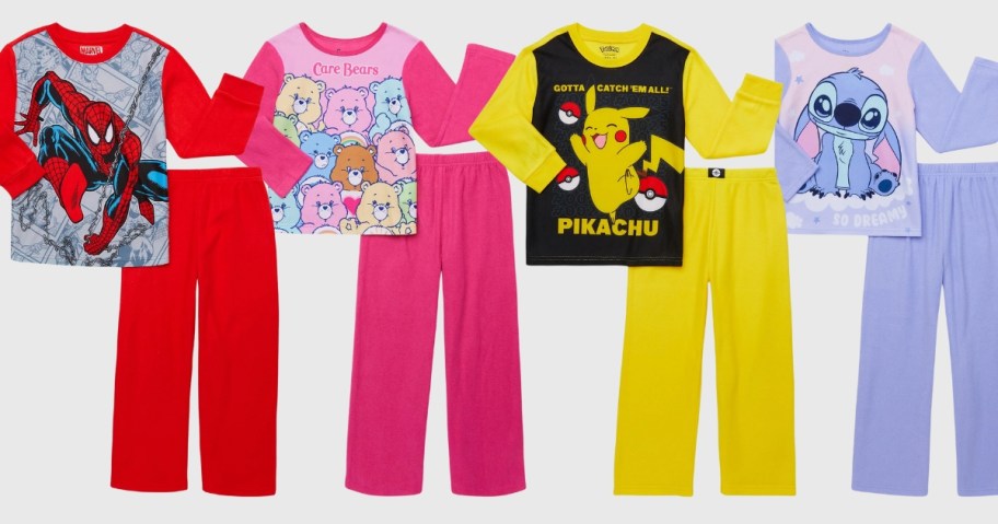 kids long sleeve pajama sets with pants with different characters on them Spiderman, Care Bears, Pikachu, and Stitch