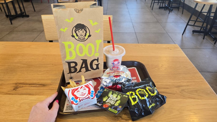 wendys boo bag meal on a tray on a tabletop at wendys restaurant