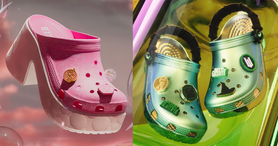 pink and green Wicked themed crocs