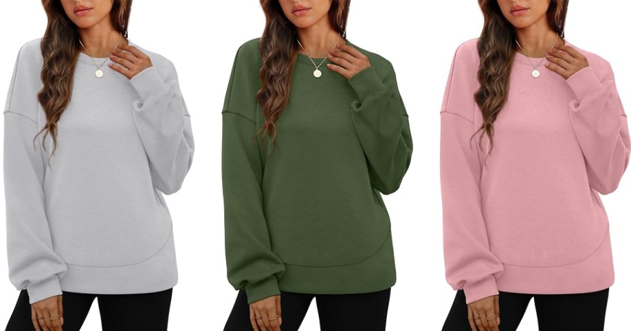 3 women wearing solid color oversized sweatshirts