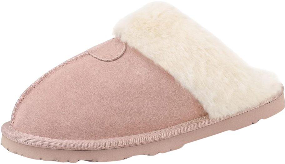 a pink womens house slipper with fur cuff