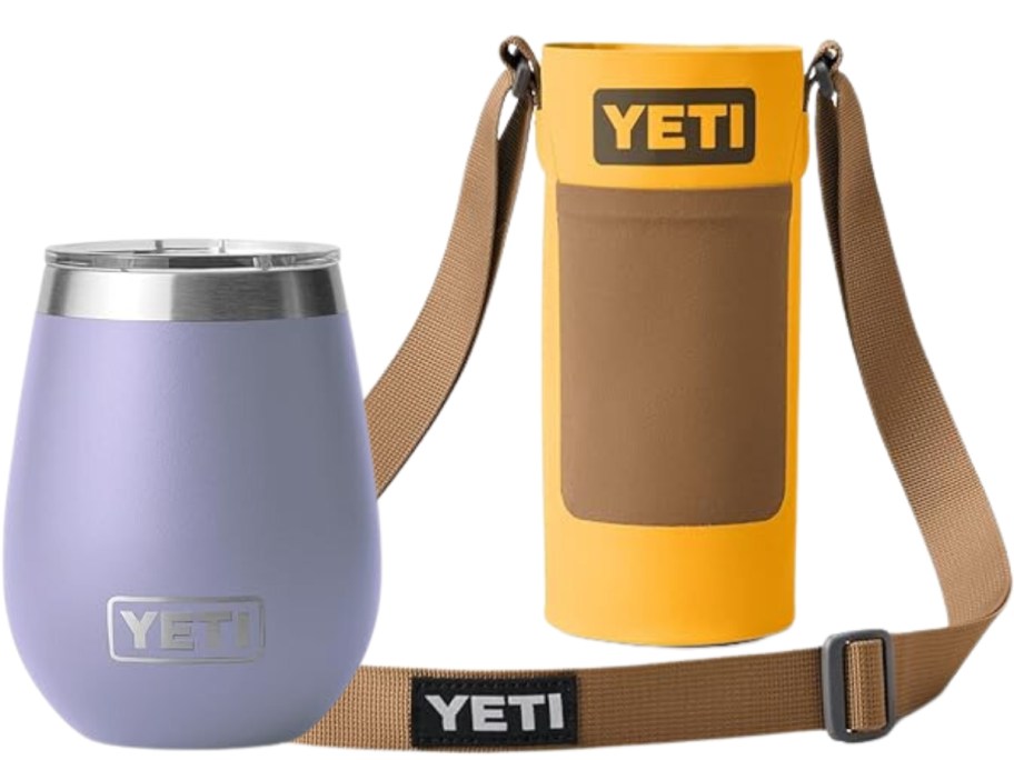 a lilac color YETI wine tumbler and a yellow and brown YETI water bottle carrier bag with strap