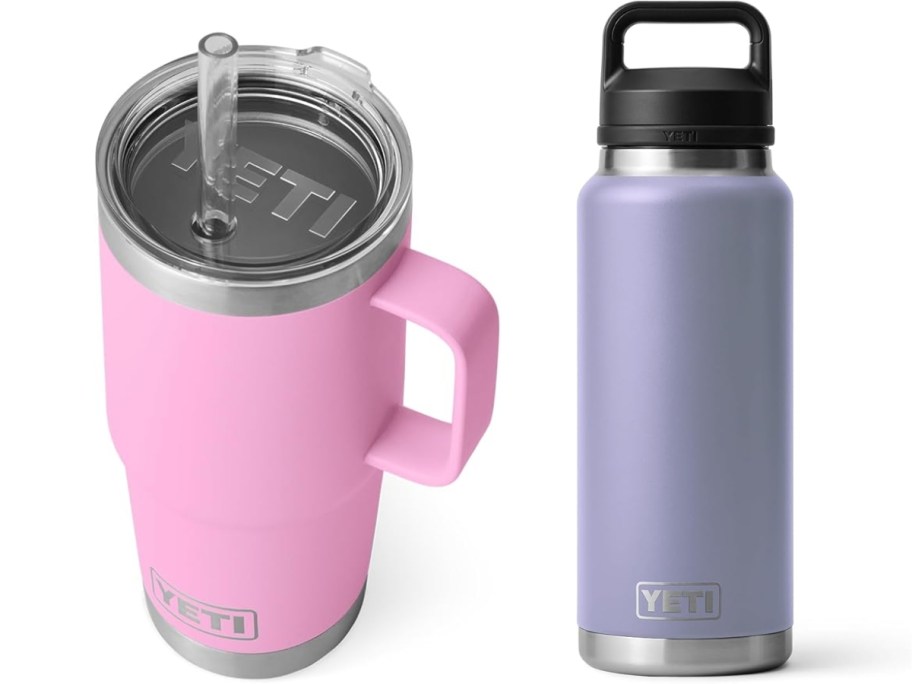 a pink YETI tumbler with handle and straw lid and a lilac YETI water bottle with a black lid