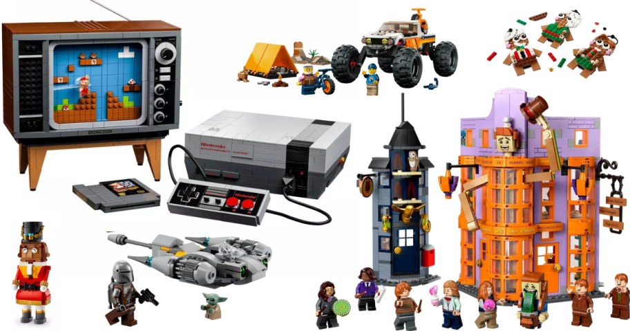 various LEGO sets: Nutcracker, Super Mario Nintendo & TV Game, a LEGO City 4x4 Adventure set, a Gingerbread ornament set, and a large Harry Potter set