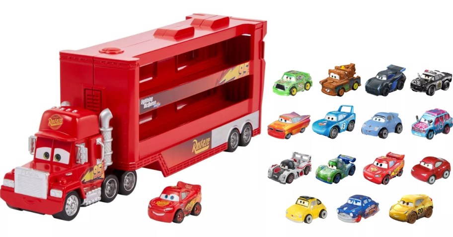 a Disney Cars truck carrier and mini vehicle toys