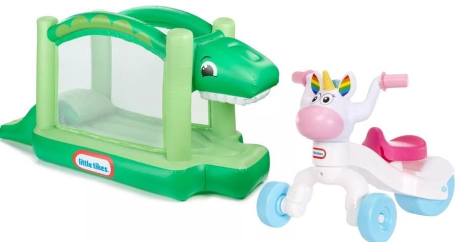 a green blow up alligator kids playset and a unicorn ride on toy