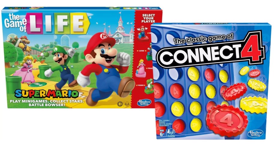 a Super Mario Game of Life board game box and a Connect4 Board game box
