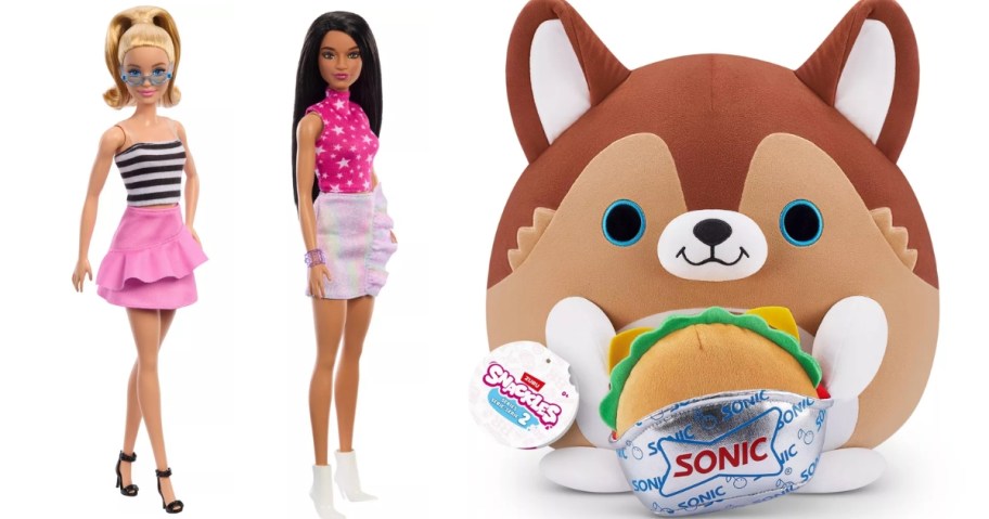 2 Barbie dolls and a Snackles plush dog with a sonic cheesebuger toy