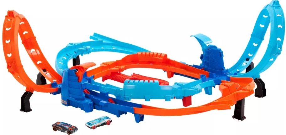 a large orange and blue Hot Wheels track set