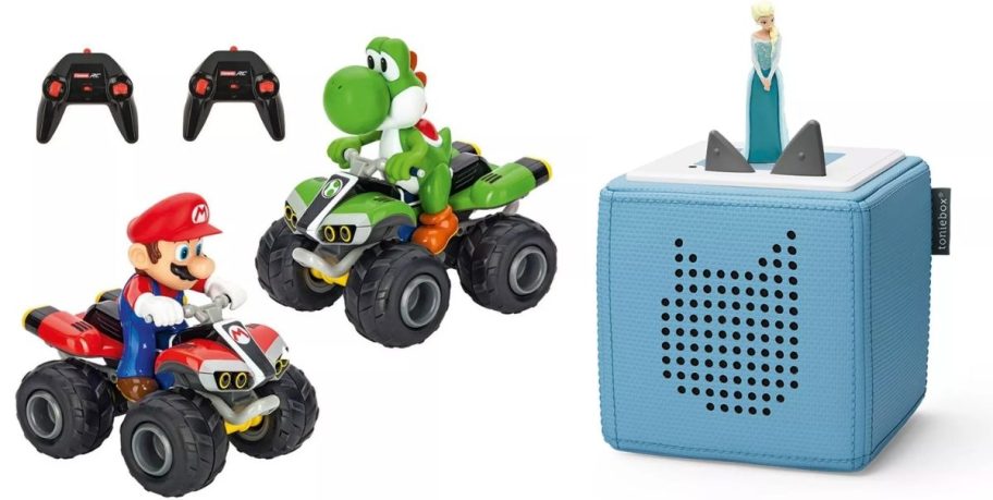 Mario and Yoshi remote control cars and remotes and a blue Disney Frozen Tonies audio box