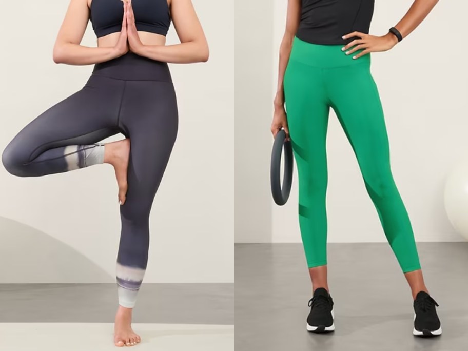 woman doing a yoga pose in grey leggings next to a woman in green leggings