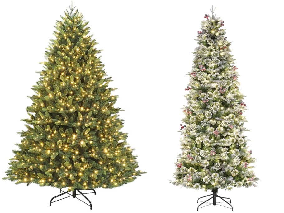a large green prelit artificial Christmas tree and a tall skinnier flocked prelit Christmas tree