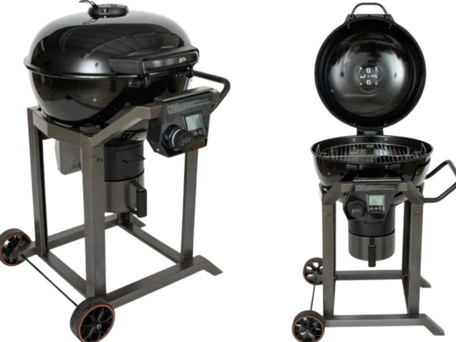 a black kettle style grill shown closed and open