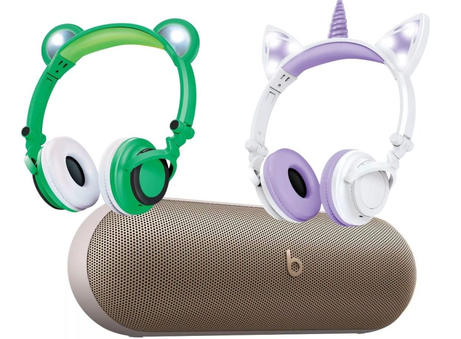 kid's headphones that look like a frog and a unicorn, and a tan color Beats Pill shaped bluetooth speaker