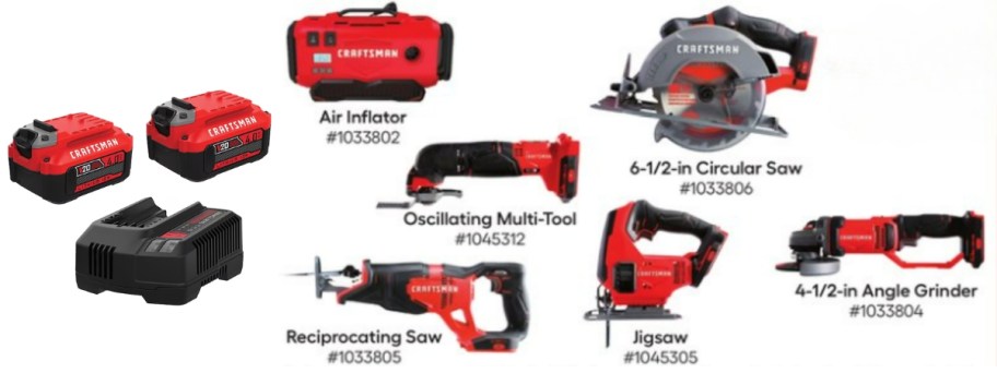 a set of Craftsman batteries and charger and then a group of Craftsman tools