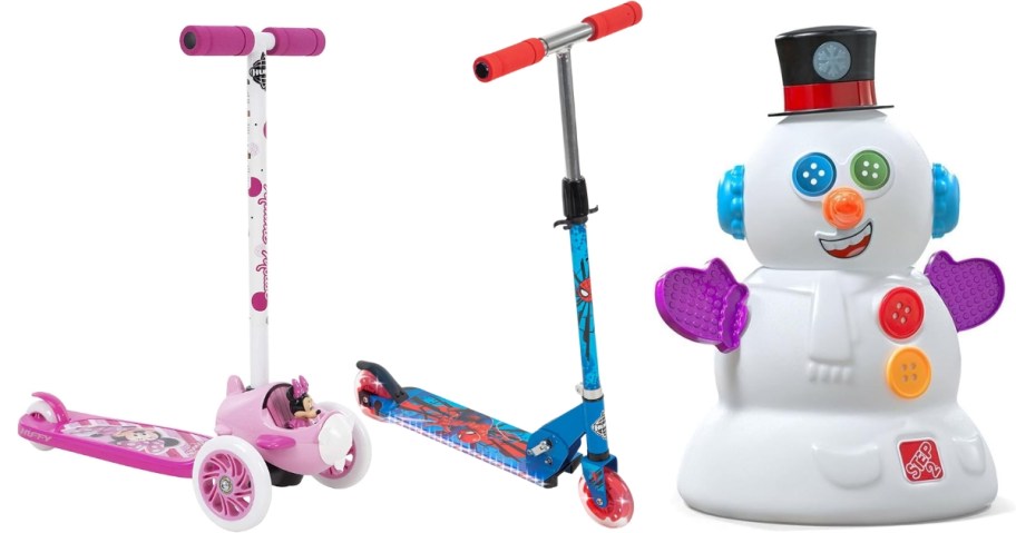 2 Huffy toddler scooters one pink and white and one blue and red, and a kids large snowman toy