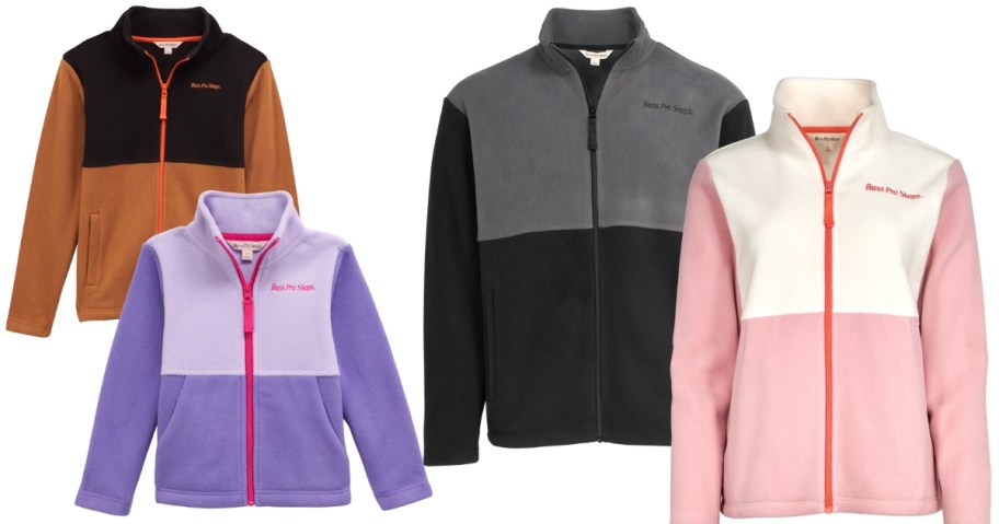 kids and adults Bass Pro Fleece zip jackets in a variety of colors
