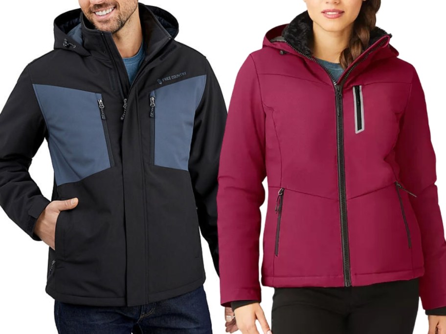 a man wearing a black and blue winter coat and a woman wearing a wine red purple color coat