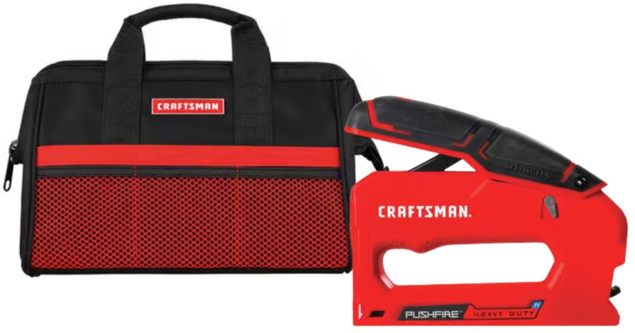 a red and black Craftsman soft zip up toolbag and a red and black Craftsman staple gun