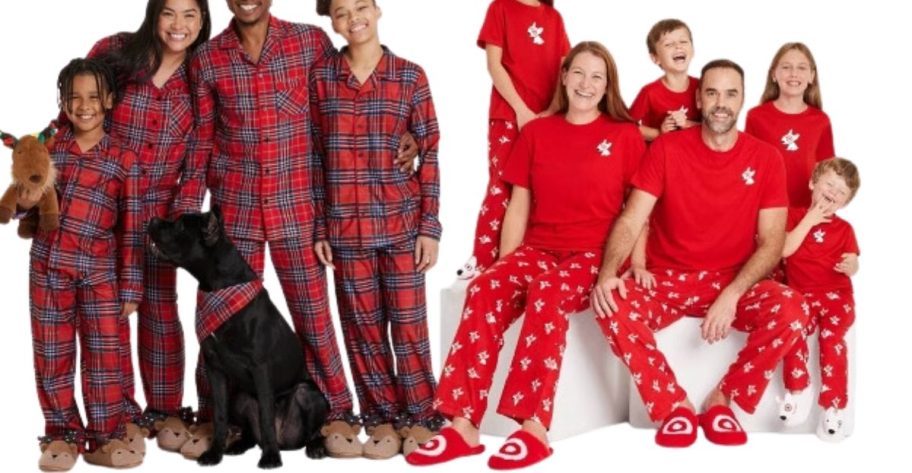 family wearing matching red plaid pajamas with a black dog, family wearing matching red tops and fleece pajama pants with Target's Bullseye dog on them, and 2 sets of kids pajamas in holiday prints