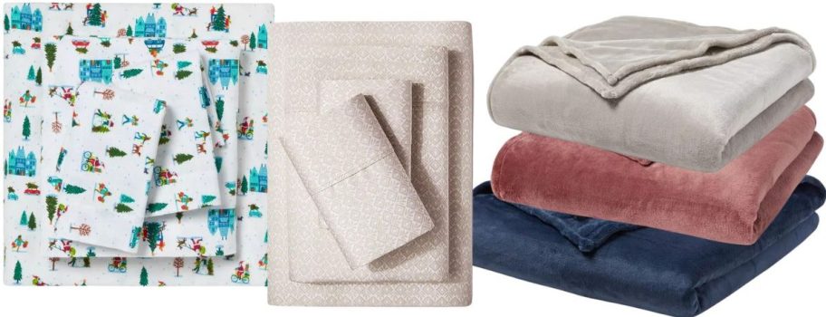 bed sheets with a holiday print, bed sheets in a tan and white print, stack of 3 plush bed blankets in blue, mauve, and light grey