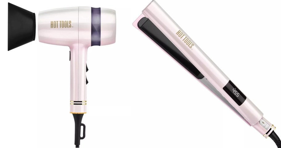 a pink hair dryer and a pink flat iron hairy styling tool
