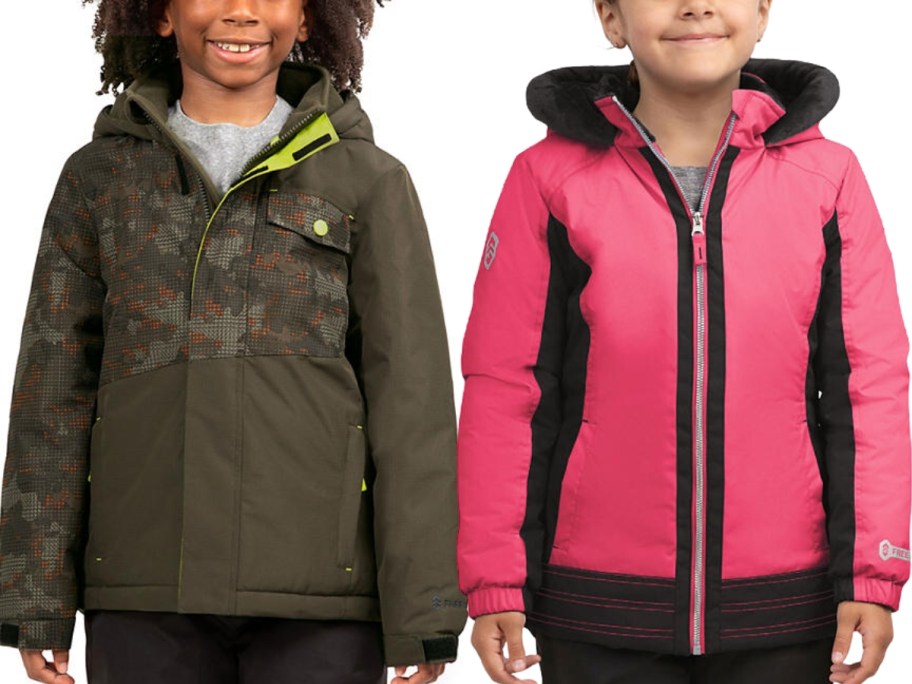 a boy wearing a green winter coat and a girl wearing a pink and black winter coat