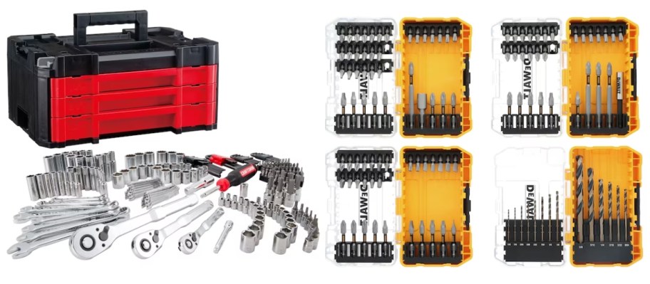 a red and black Craftsman small toolbox with a bunch of metal wrenches and tools in front of it and a set of 4 yellow and clear containers with DeWalt drill bits