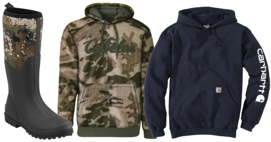 a men's camo and black rubber boot, a camo Cabela's logo hoodie, and a blue Carhartt Hoodie