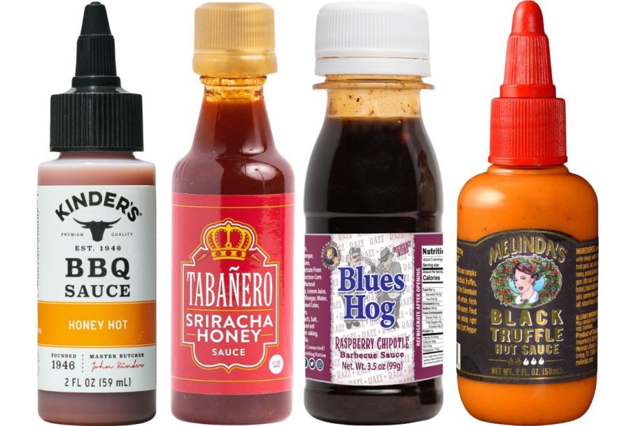 4 mini bottle of various brands of hot sauce