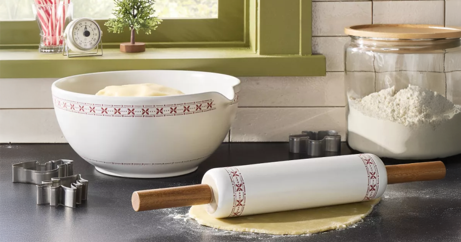 2pc Stoneware Mixing Bowl and Rolling Pin Bakeware Set