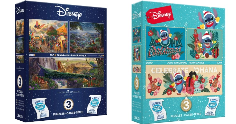 3 in 1 puzzle boxes for Disney puzzles and Disney Holiday Stitch Puzzles