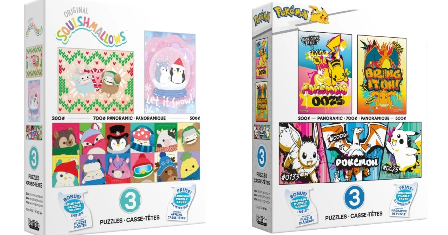 3 in 1 puzzle boxes for Squishmallows and Pokemon puzzle sets