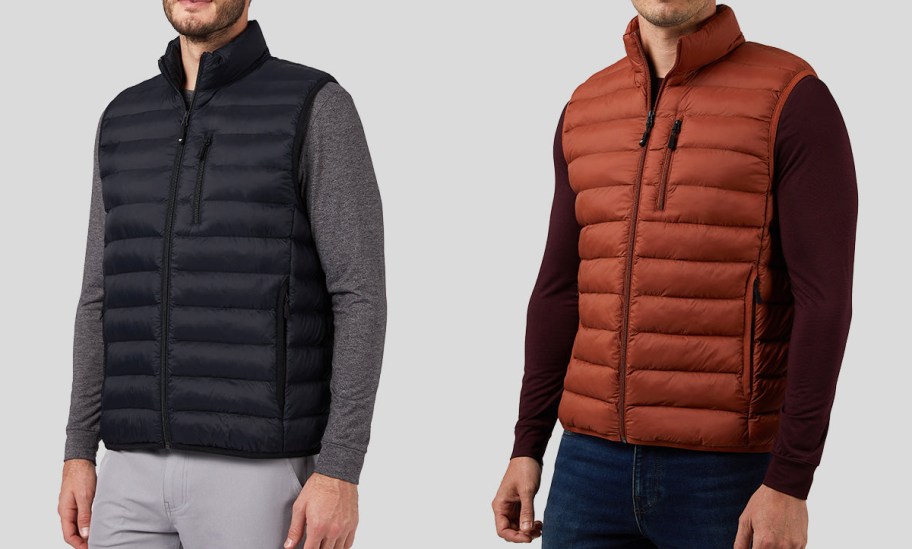 men in black and brown puffer vests