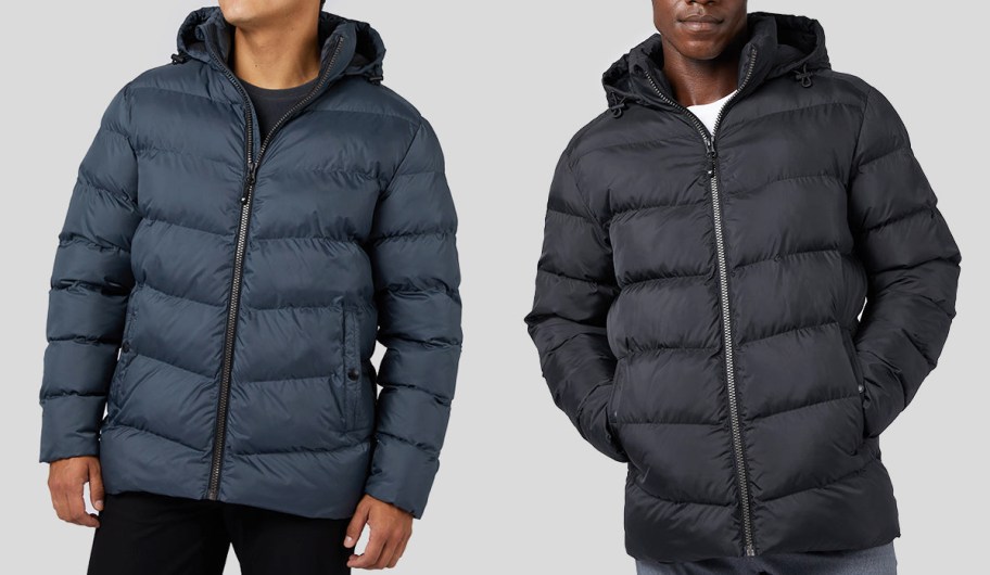 men in blue and black puffer jackets