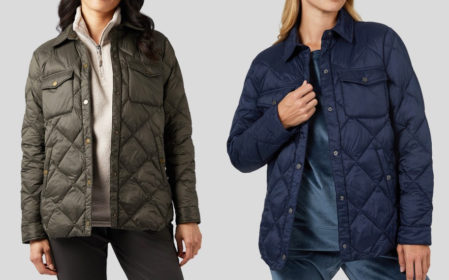 two women in olive green and navy blue quilted jackets