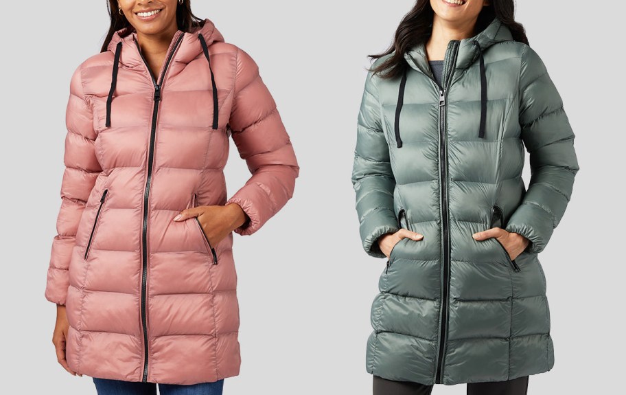 women in pink and green long coats