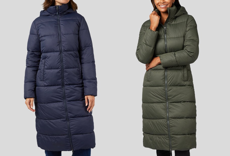 women in navy blue and green long coats