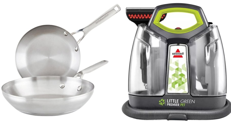 a set of 2 stainless steel frying pans and a Bissel Little Green Pet Machine cleaner