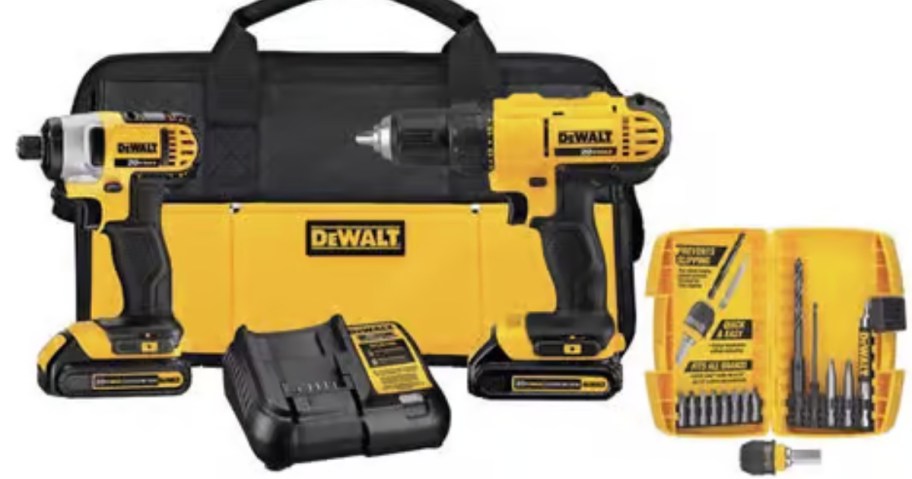 2 DeWalt drills and tools, drill bits, battery and bag