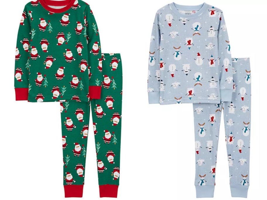 kid's holiday print pajama sets, one is green with Santa, one is blue with Snowmen