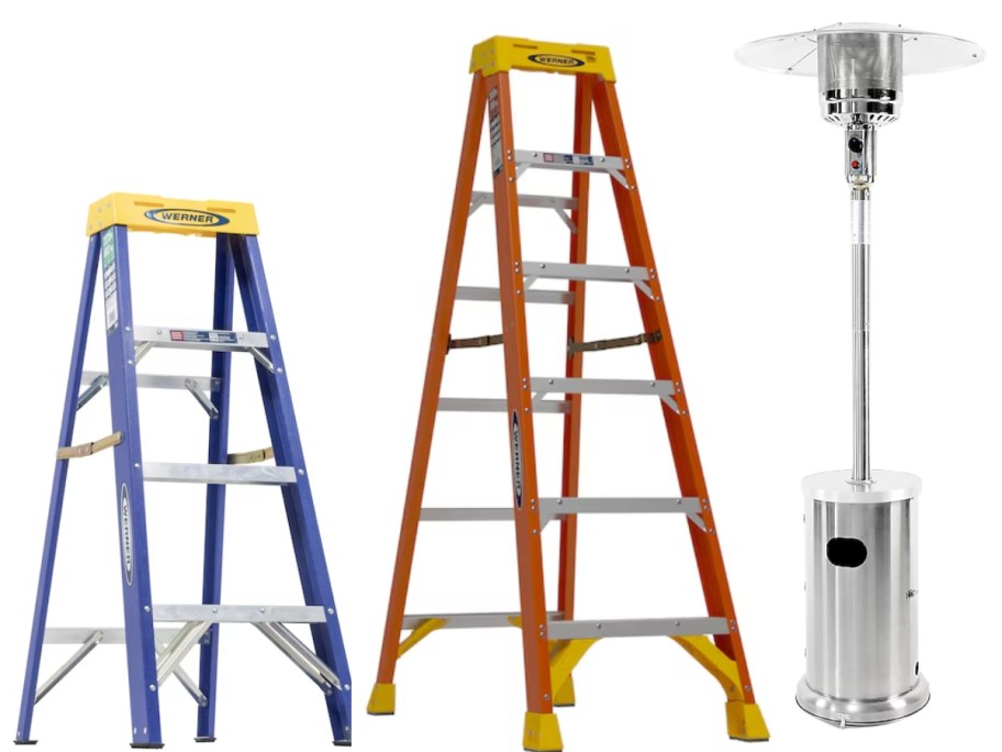 a blue step ladder, an orange taller step ladder, and a stainless steel patio heater