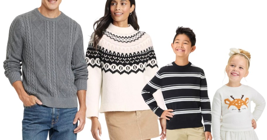 man, woman, little boy, and toddler girl wearing sweaters in different colors and prints