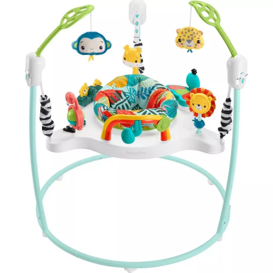 a baby bouncer with toys hanging from the top and on the tray