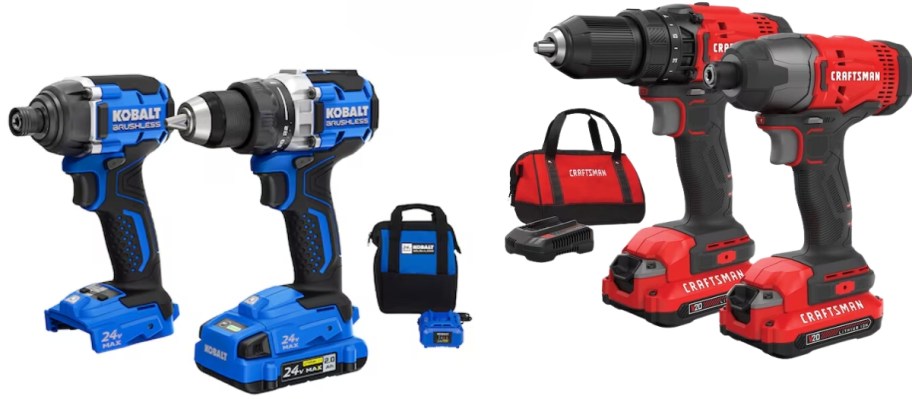 a blue Kobalt drill kit and a red Craftsman drill kit